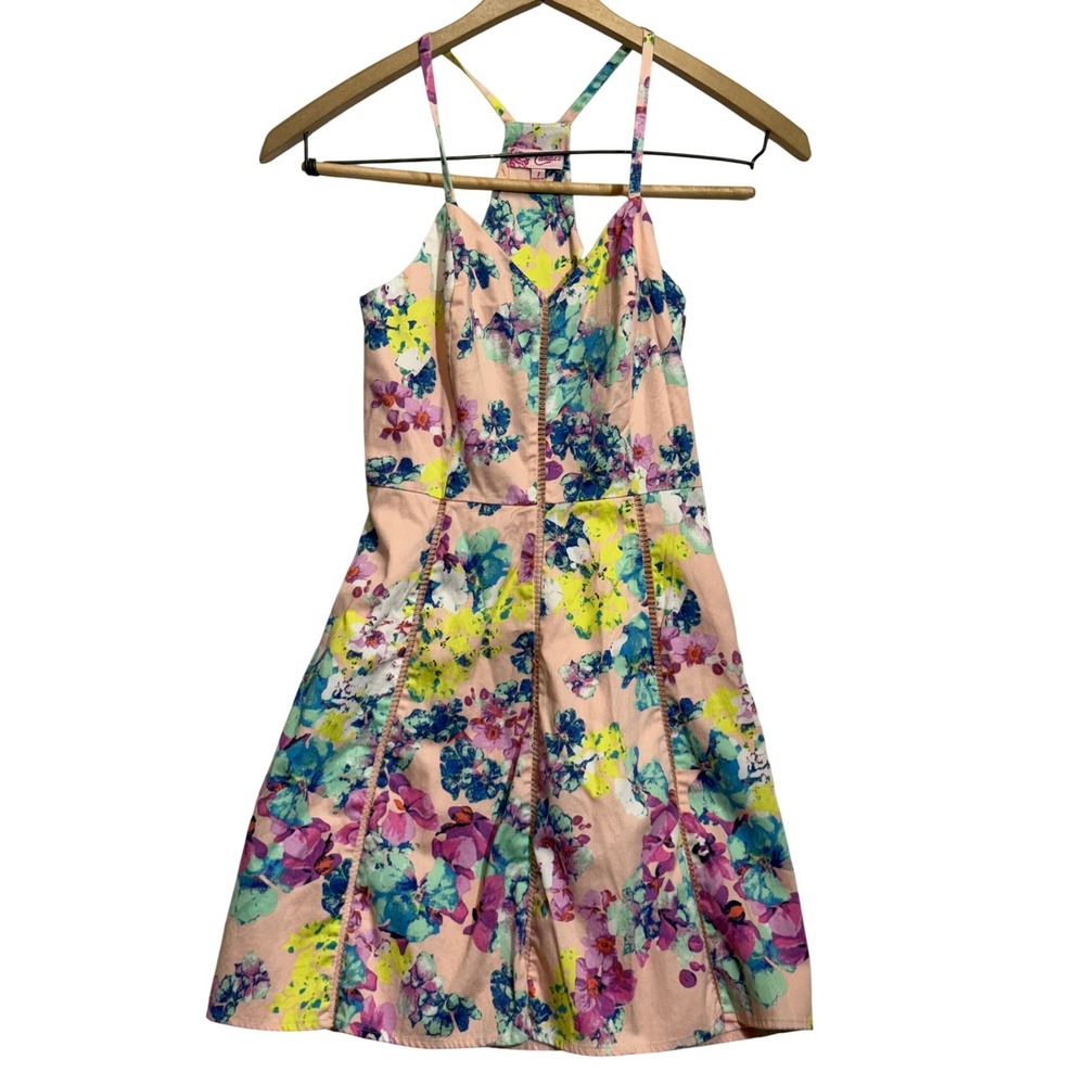 Candie's Floral Racerback Fit & Flare Dress Pink Blue Yellow Women's Size 1 Y2K